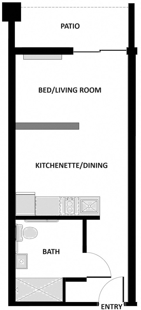 a floor plan of a bedroom with a bathroom and a bed